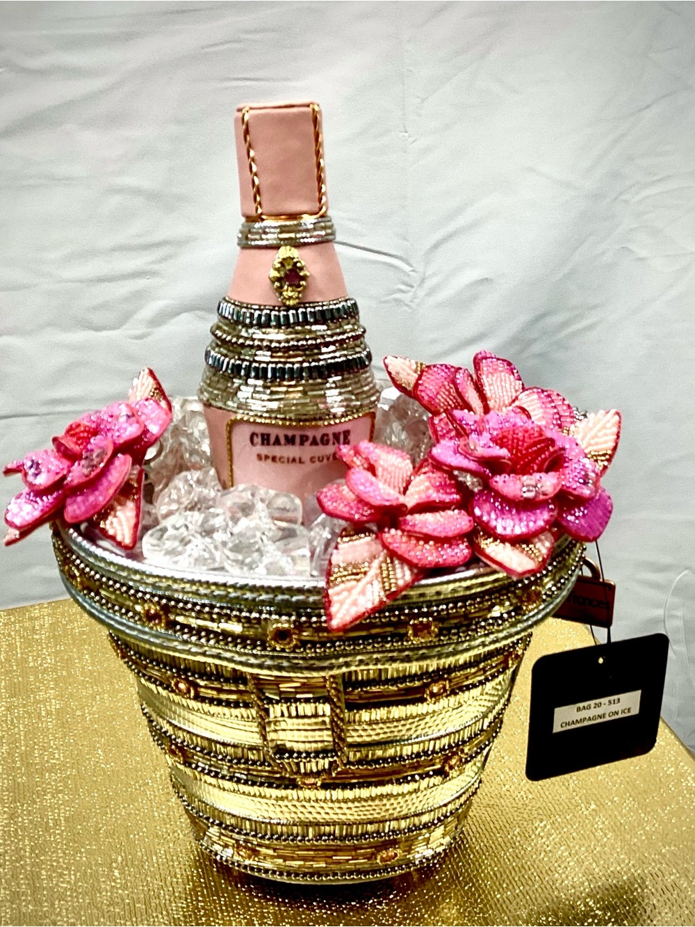 Mary Frances Pink Beaded Champagne Bottle with Floral Accents NWT